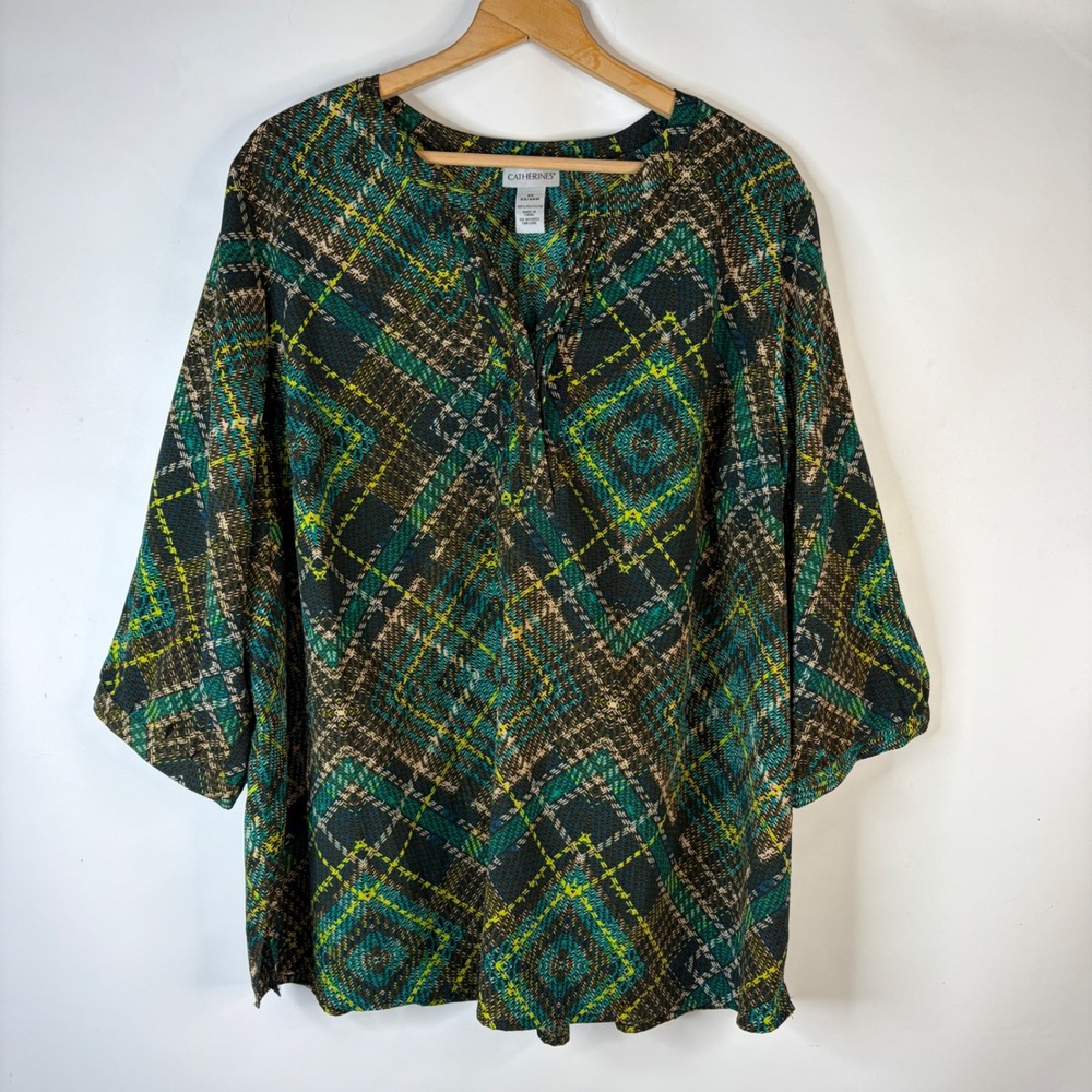 Catherines Blouse Womens 2X Green Plaid Geometric Split Neck 3/4 Sleeve Top